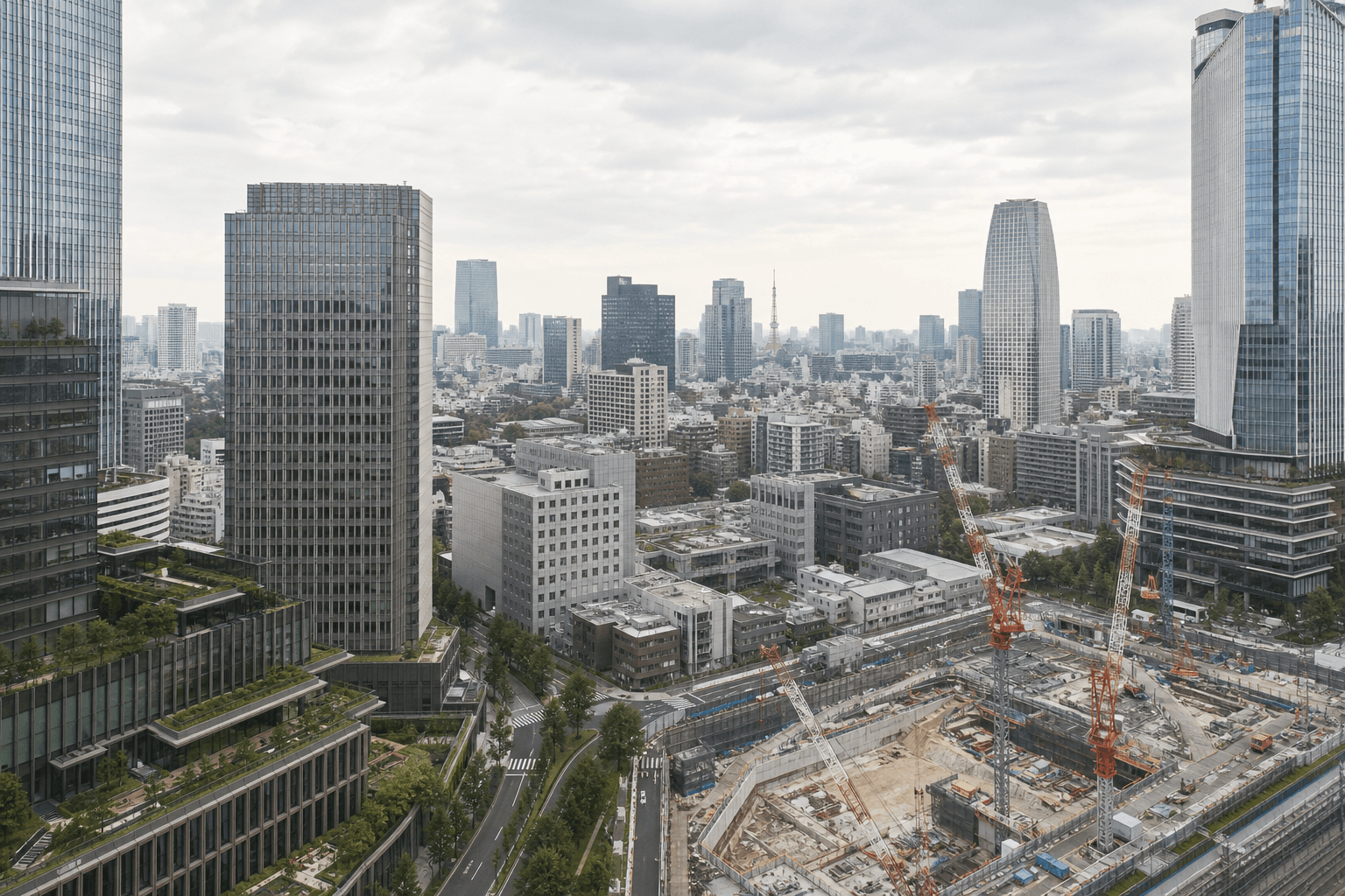虎ノ門の完成済み建築と工事区域を表現した再開発のイメージ