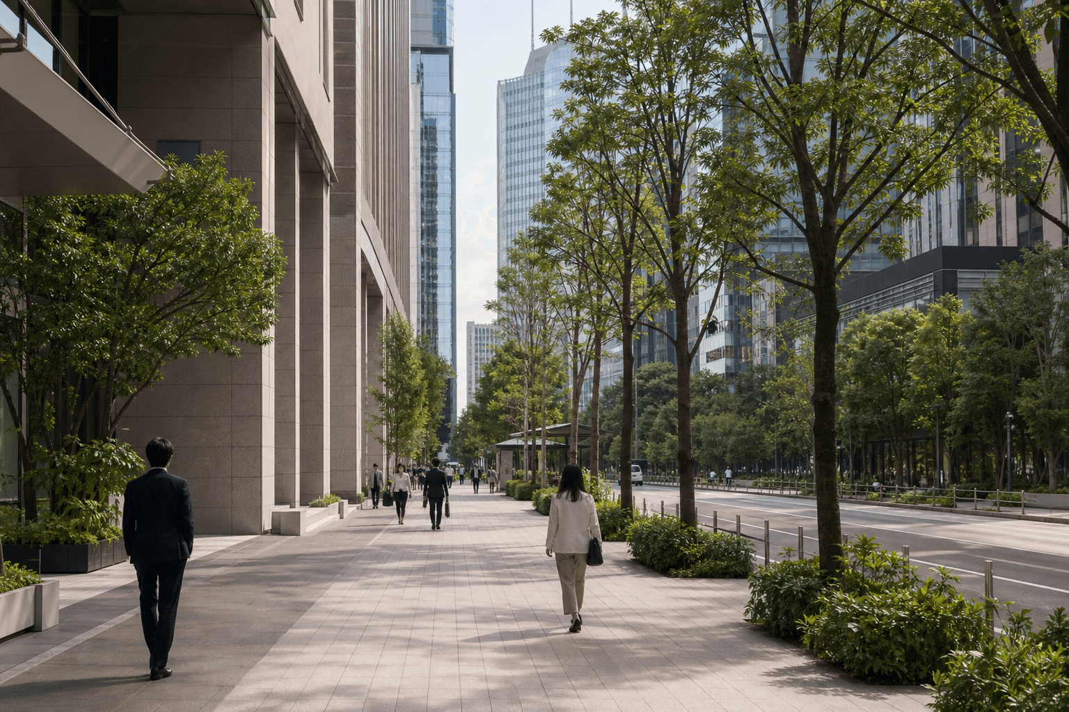虎ノ門の高層建築と歩道を表現した街並みのイメージ