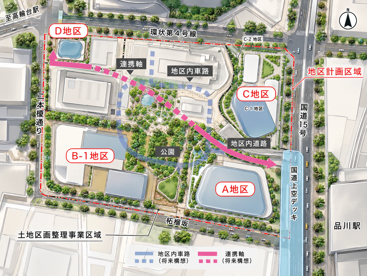 品川駅西口地区のA地区・B-1地区・C地区・D地区の位置関係を示す概略図